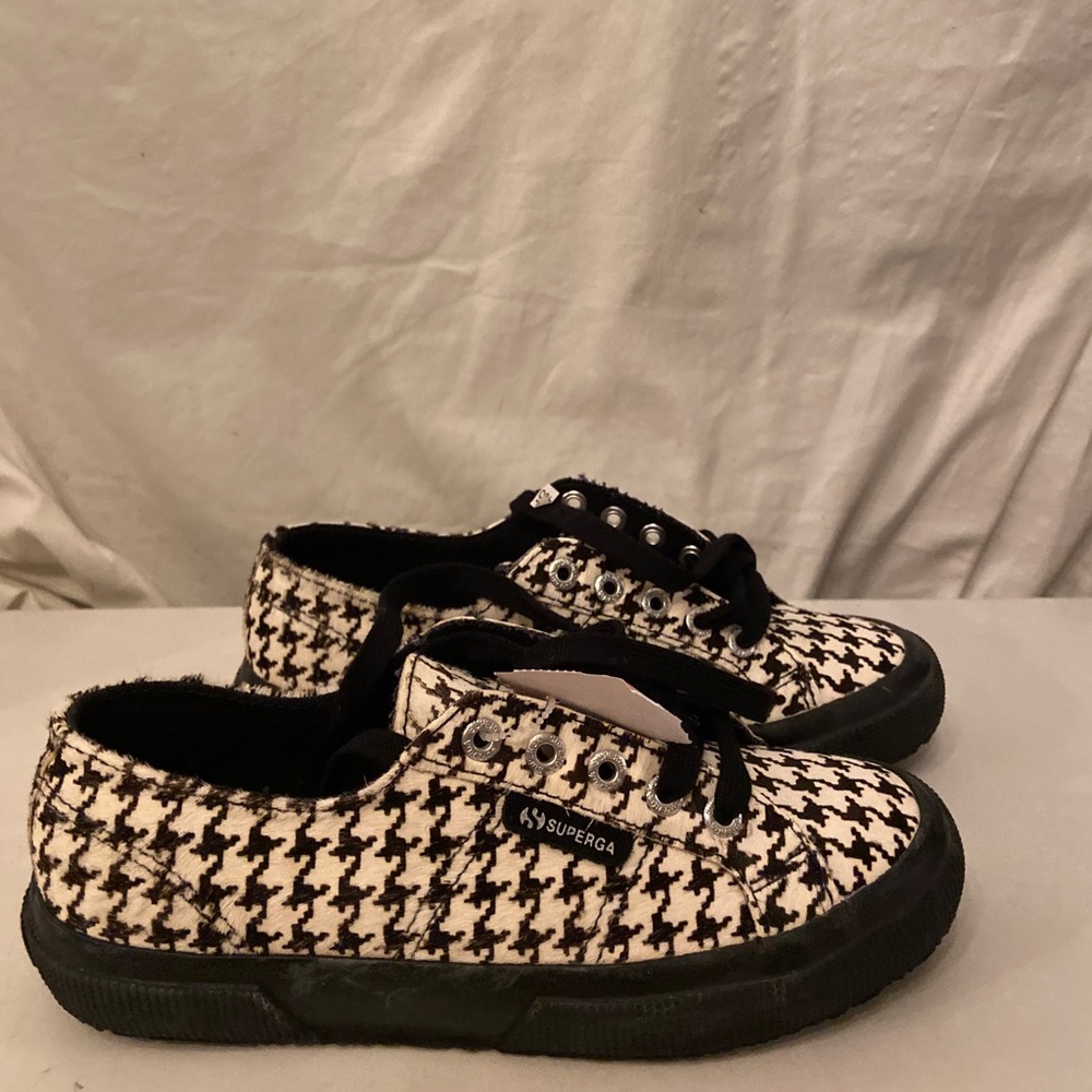 Superga Houndstooth Horsehair Sneakers in Black and Cream